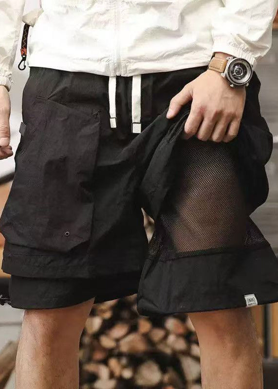 New Black Pockets Patchwork False Two Pieces Cotton Shorts Summer