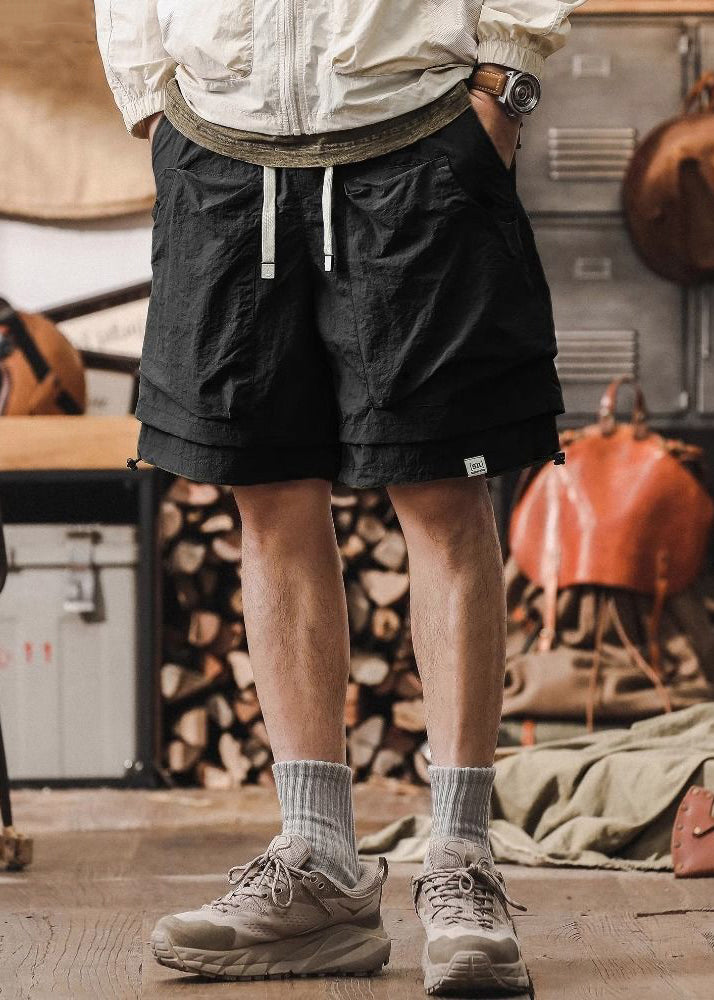 New Black Pockets Patchwork False Two Pieces Cotton Shorts Summer