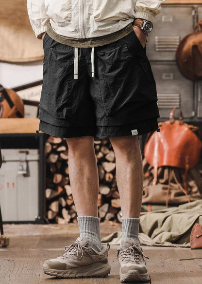New Black Pockets Patchwork False Two Pieces Cotton Shorts Summer