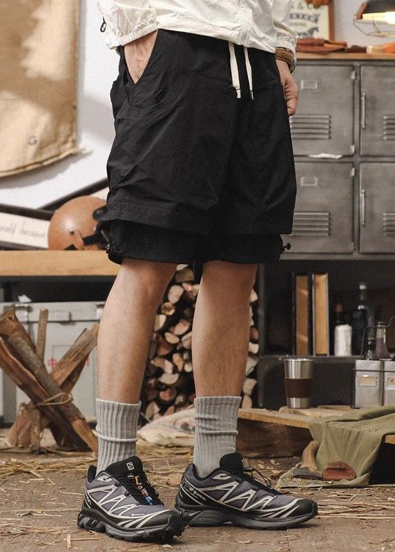 New Black Pockets Patchwork False Two Pieces Cotton Shorts Summer