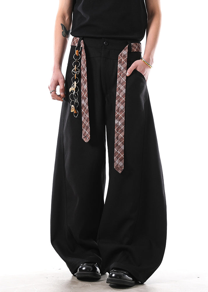 New Black Pockets Sashes Cotton Straight Pants Fall