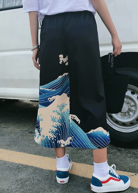 New Black Print Elastic Waist Ice Silk Wide Leg Pants Summer