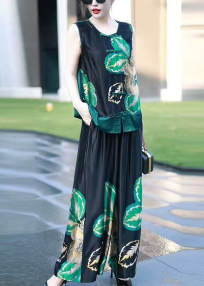 New Black Print Tank and Wide Leg Pants Silk Two Pieces Set Sleeveless