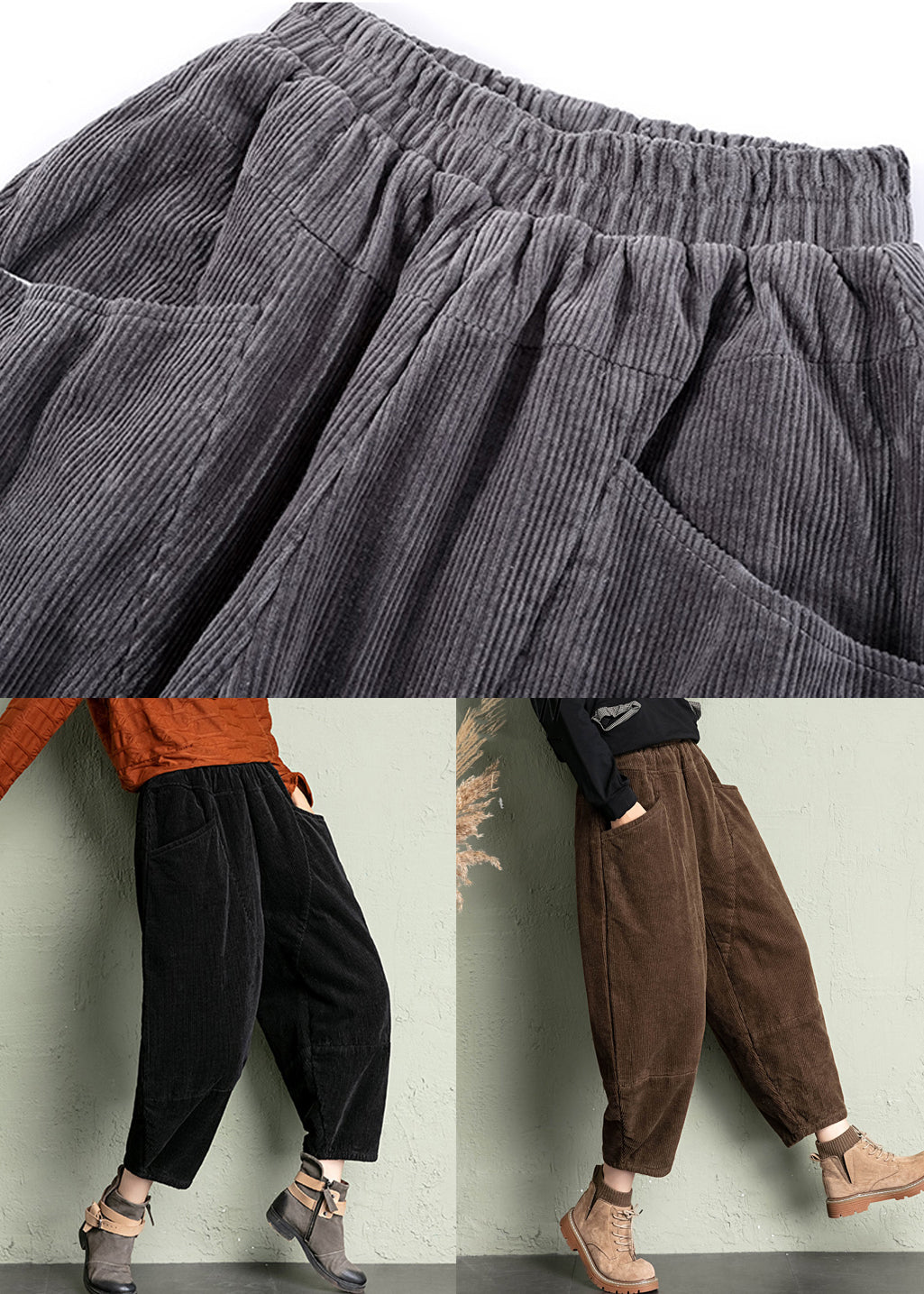 New Black Pockets High Waist Corduroy Harem Pants