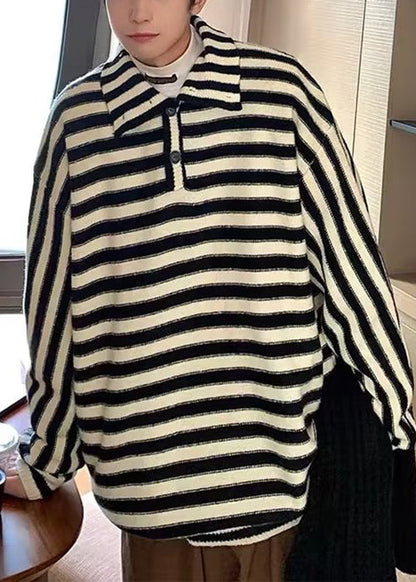 New Black Striped Turtleneck Button Knit Sweaters Fall