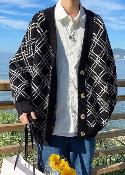 New Black V Neck Plaid Button Knit Cardigans Spring