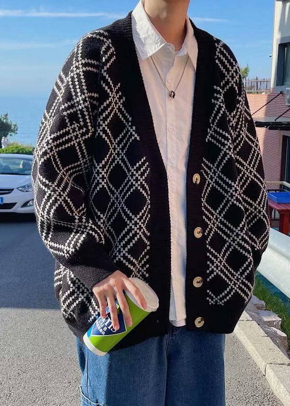 New Black V Neck Plaid Button Knit Cardigans Spring