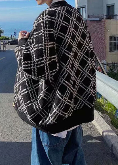 New Black V Neck Plaid Button Knit Cardigans Spring