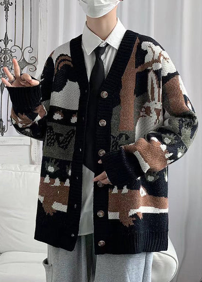 New Black V Neck Print Button Cotton Knit Cardigan Spring