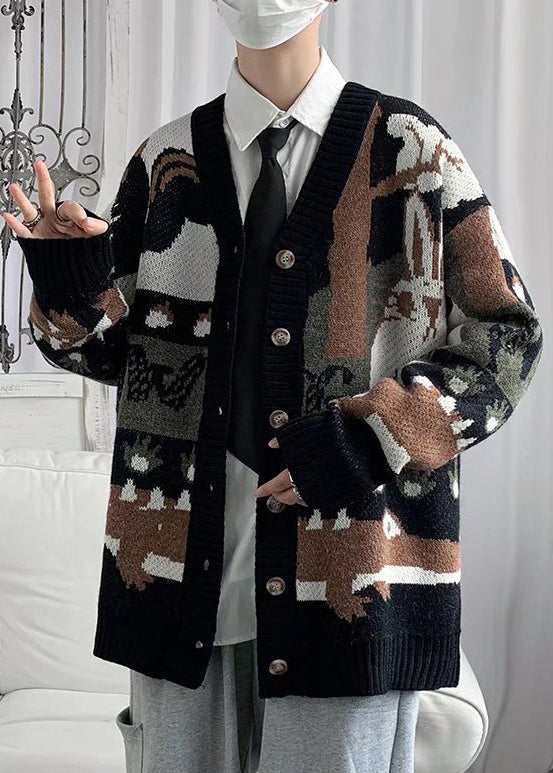 New Black V Neck Print Button Cotton Knit Cardigan Spring