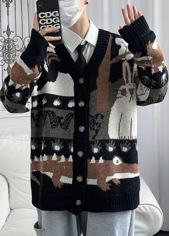 New Black V Neck Print Button Cotton Knit Cardigan Spring