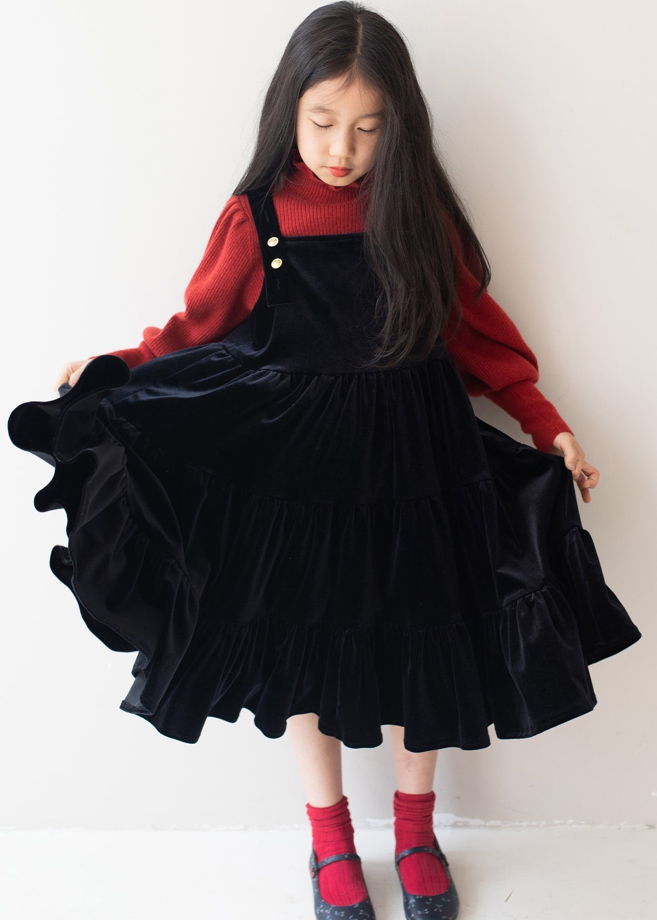 New Black Wrinkled Patchwork Silk Velour Kids Long Dresses Fall