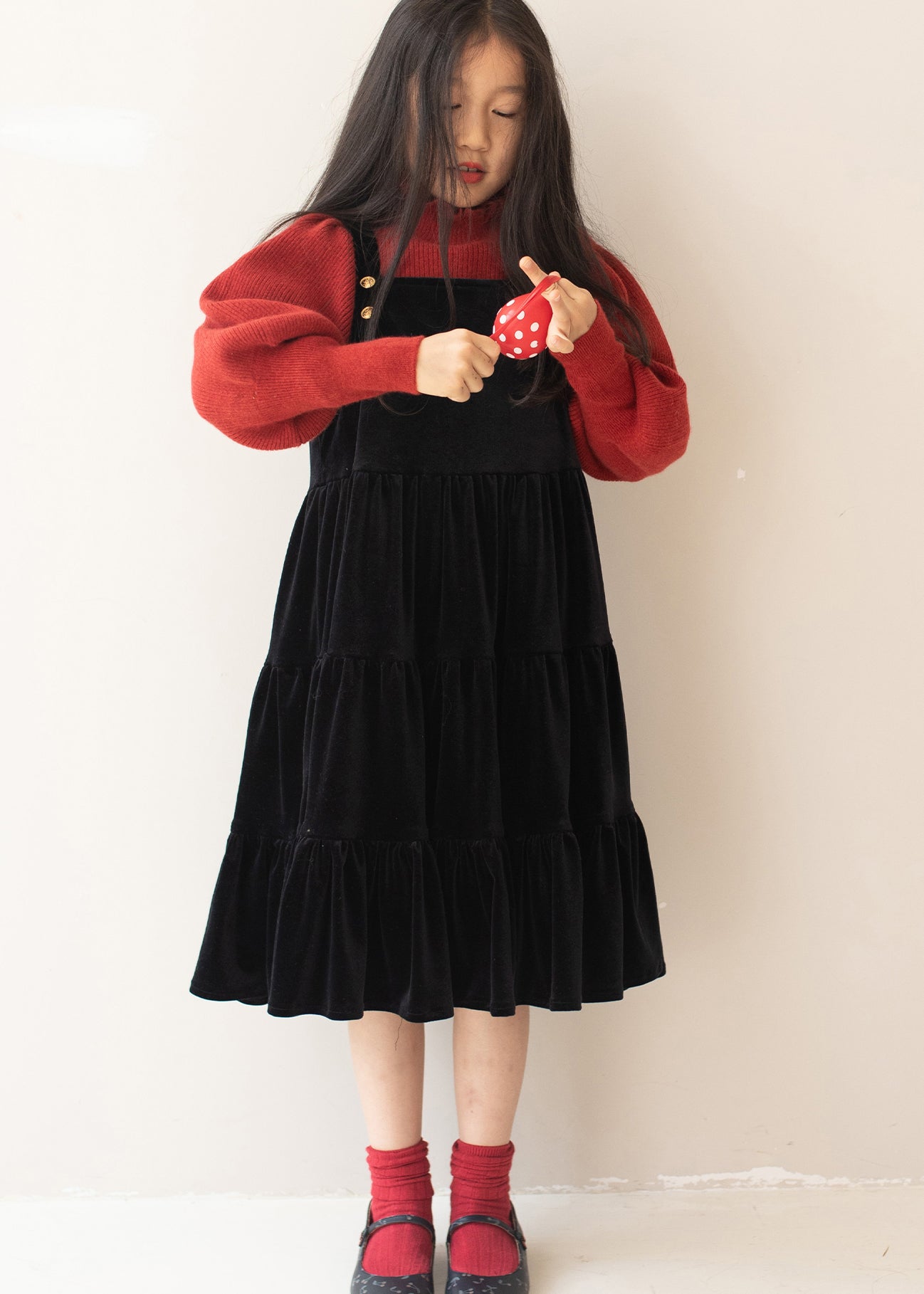 New Black Wrinkled Patchwork Silk Velour Kids Long Dresses Fall