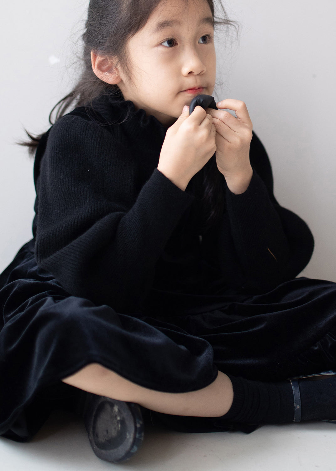 New Black Wrinkled Patchwork Silk Velour Kids Long Dresses Fall