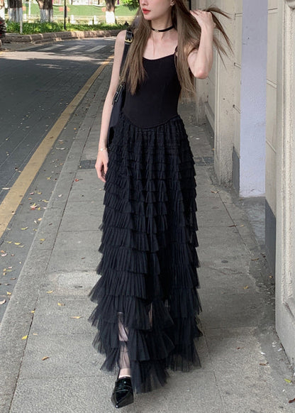 New Black Wrinkled Tulle Spaghetti Strap Dress Sleeveless