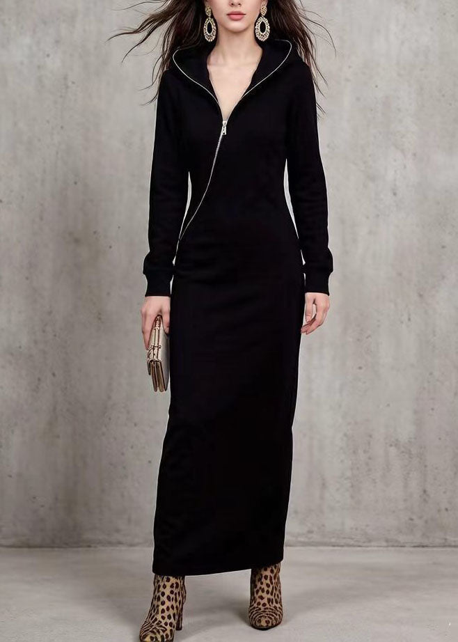 New Black Zip Up Asymmetrical Design Patchwork Cotton Dress Fall