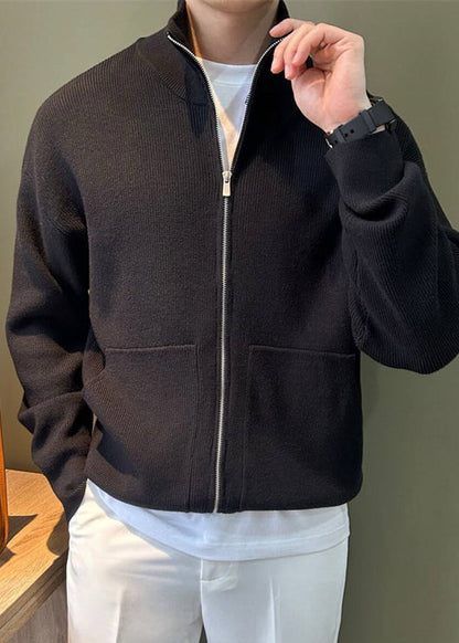 New Black Zip Up Pockets Knit Coats Spring