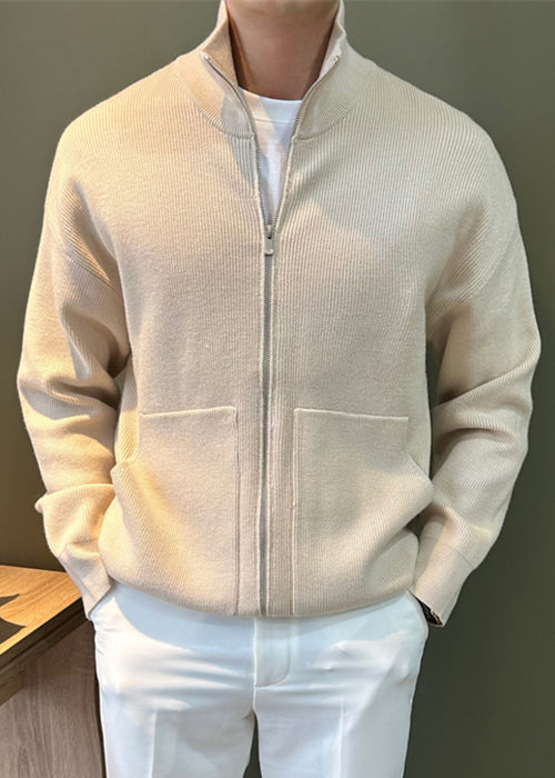 New Black Zip Up Pockets Knit Coats Spring