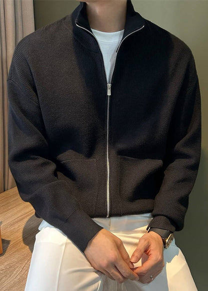 New Black Zip Up Pockets Knit Coats Spring