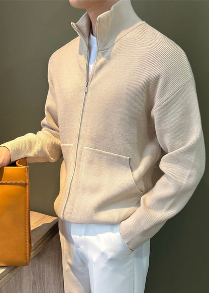 New Black Zip Up Pockets Knit Coats Spring