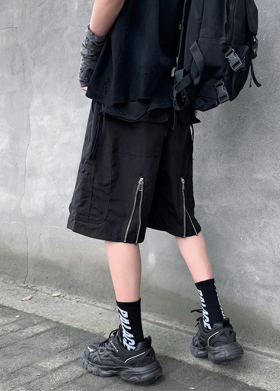 New Black Zippered Pockets Cotton Shorts Summer