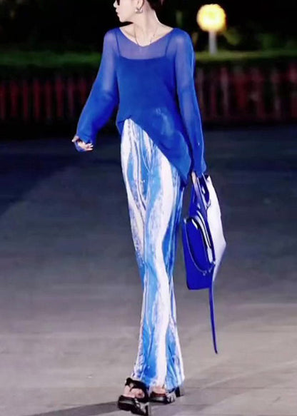 New Blue Asymmetrical Tops and Tie Dye Pants Ice Silk Two Pieces Set Spring