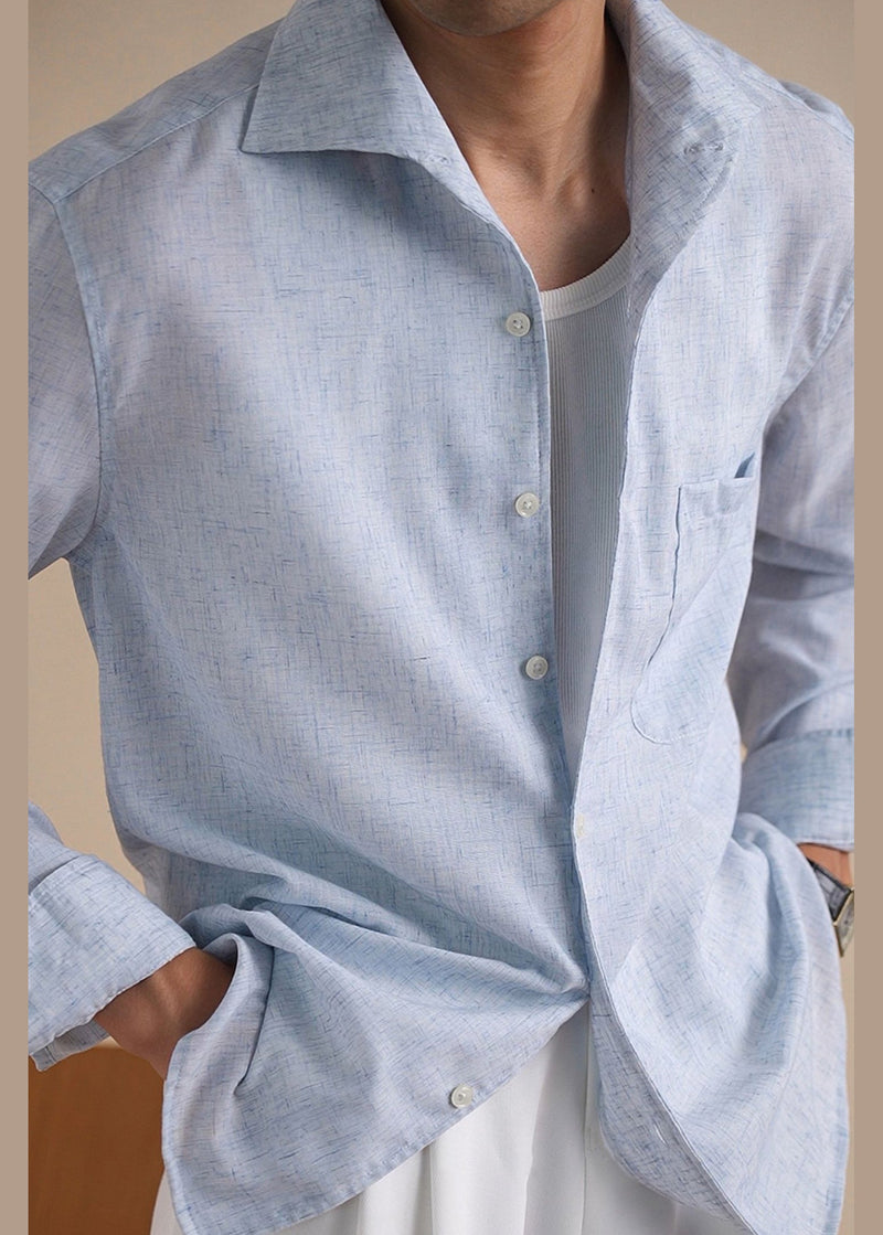 New Blue Button Pockets Linen Shirts Fall