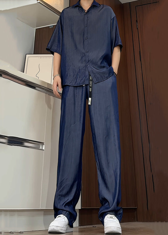 New Blue Button Shirts and Pants Silk Two Pieces Set Summer