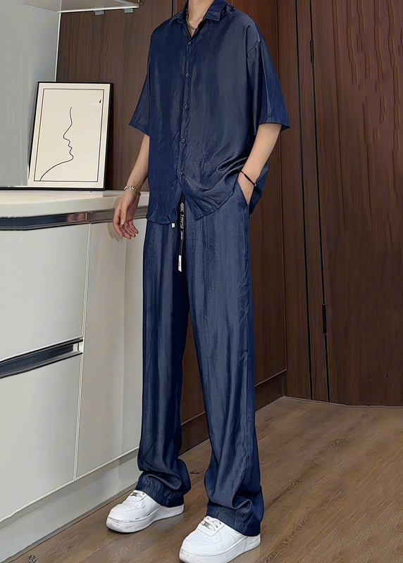 New Blue Button Shirts and Pants Silk Two Pieces Set Summer