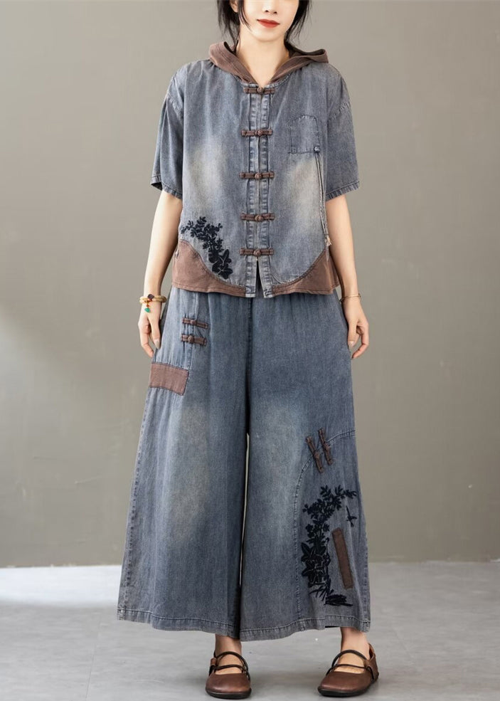New Blue Embroidered Tops and Wide Leg Pants Two Pieces Set Summer