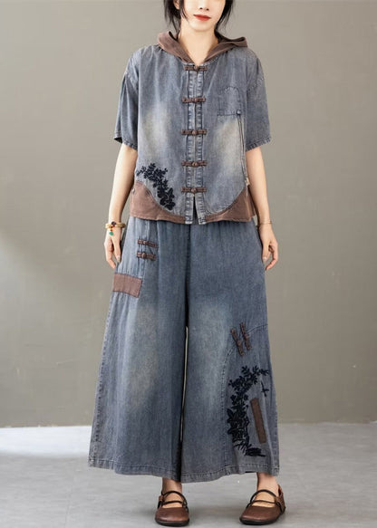 New Blue Embroidered Tops and Wide Leg Pants Two Pieces Set Summer