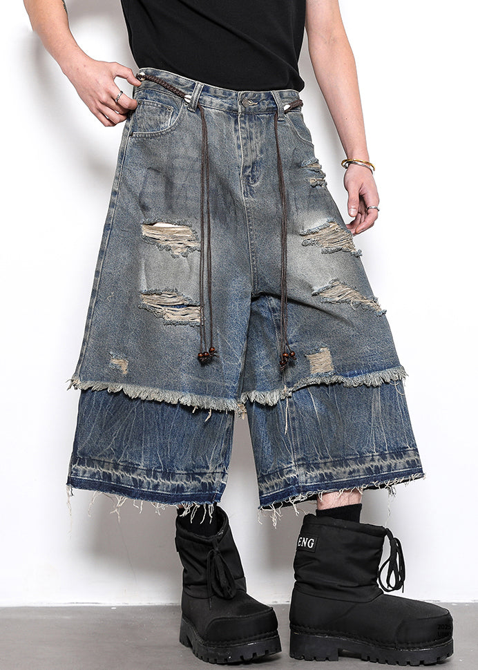 New Blue Hole False Two Pieces Patchwork Denim Crop Pants Summer