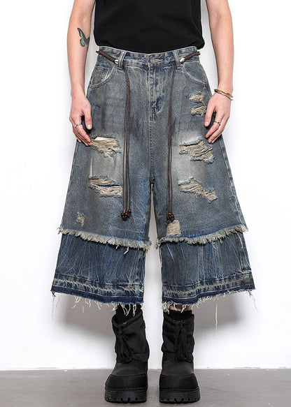 New Blue Hole False Two Pieces Patchwork Denim Crop Pants Summer