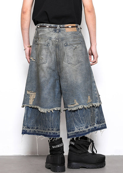 New Blue Hole False Two Pieces Patchwork Denim Crop Pants Summer