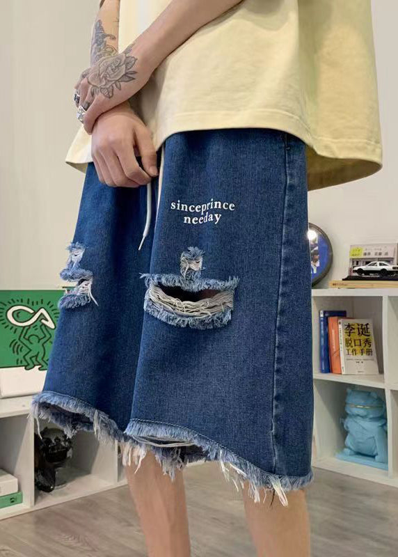 New Blue Hole Pockets Denim Wide Leg Shorts Summer
