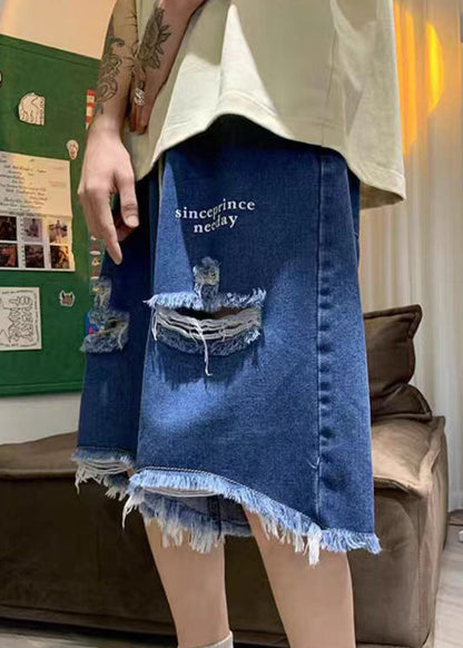 New Blue Hole Pockets Denim Wide Leg Shorts Summer