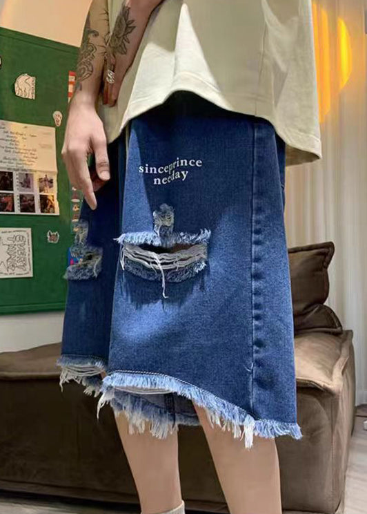 New Blue Hole Pockets Denim Wide Leg Shorts Summer