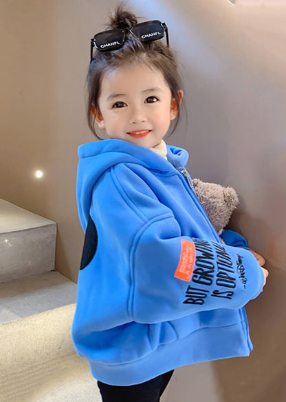 New Blue Hooded Zippered Graphic Cotton Baby Coat Spring