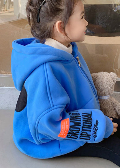 New Blue Hooded Zippered Graphic Cotton Baby Coat Spring