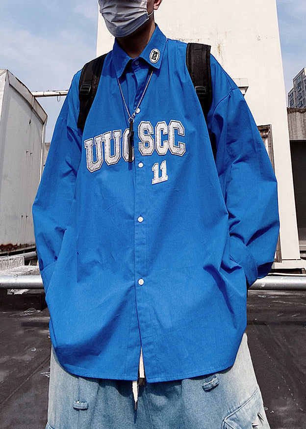 New Blue Letter Button Oversized Cotton Shirts Spring