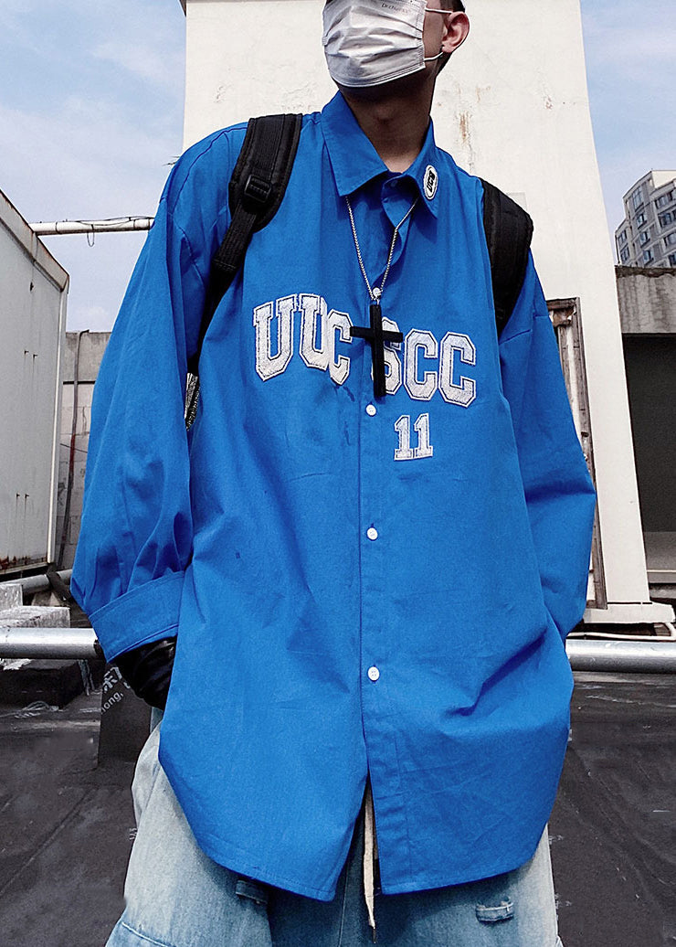 New Blue Letter Button Oversized Cotton Shirts Spring