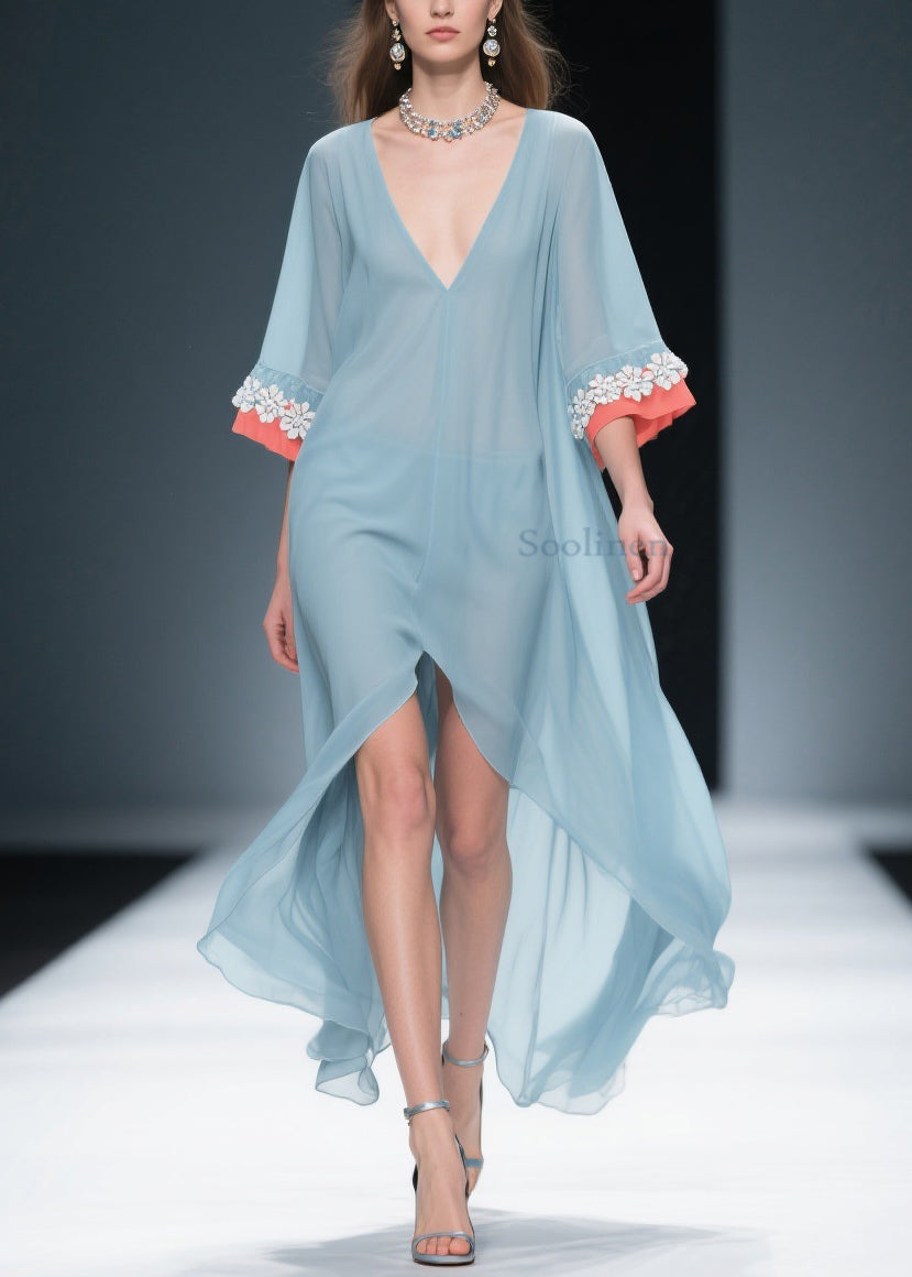 New Blue Low High Design Patchwork Chiffon Dresses Bracelet Sleeve