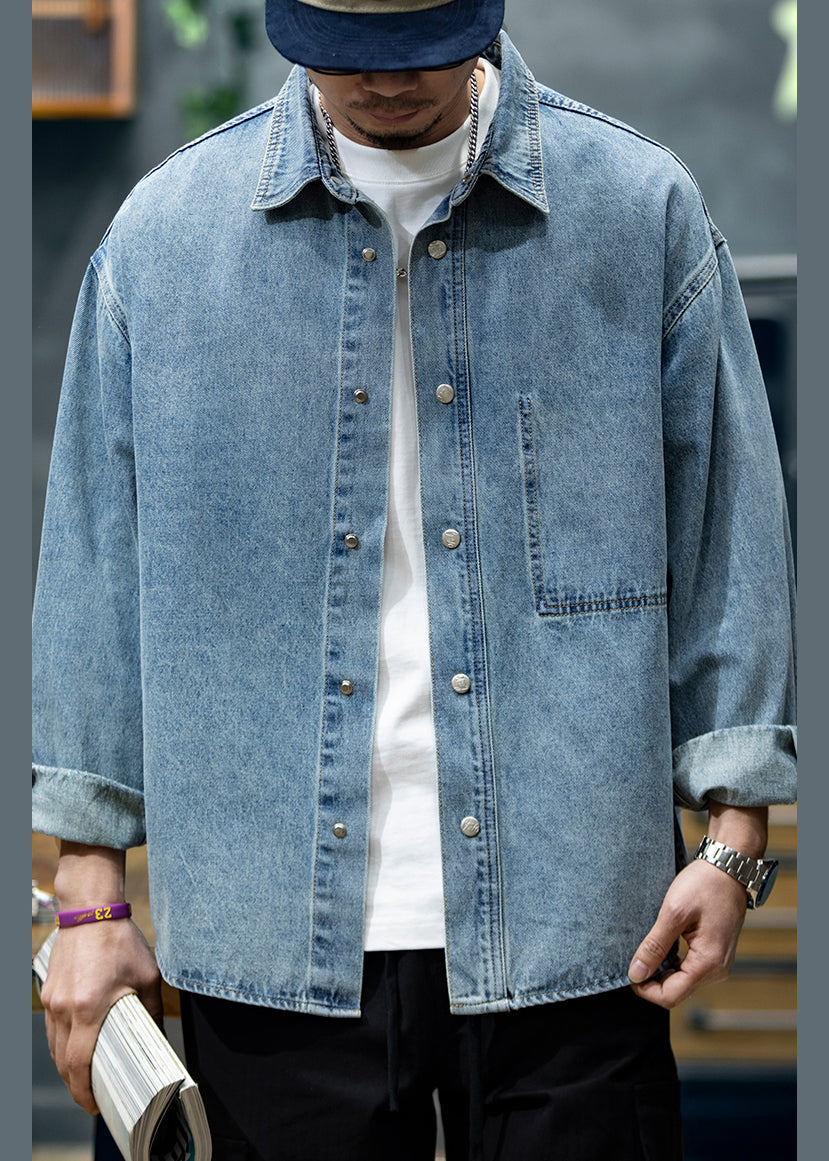 New Blue Peter Pan Collar Button Denim Men Shirt Spring