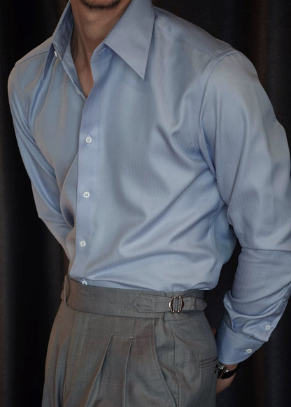 New Blue Peter Pan Collar Button Solid Cotton Men Shirts Fall