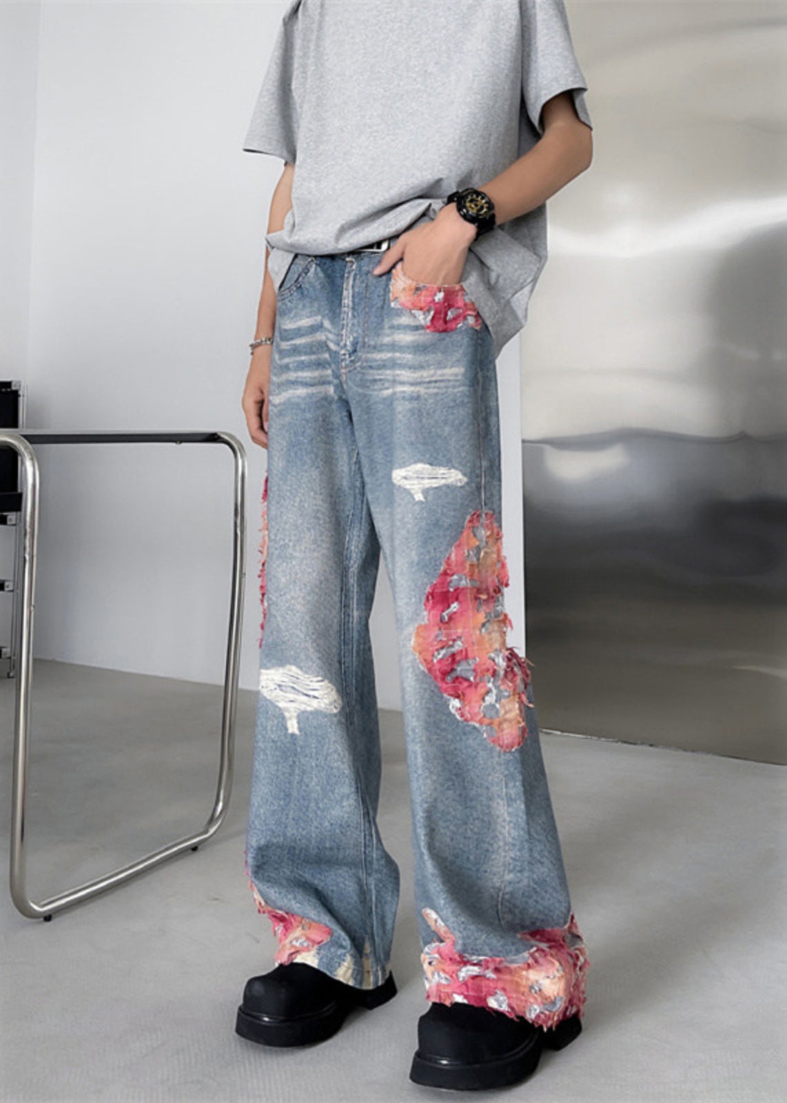 New Blue Pockets Lace Patchwork Denim Pants Fall