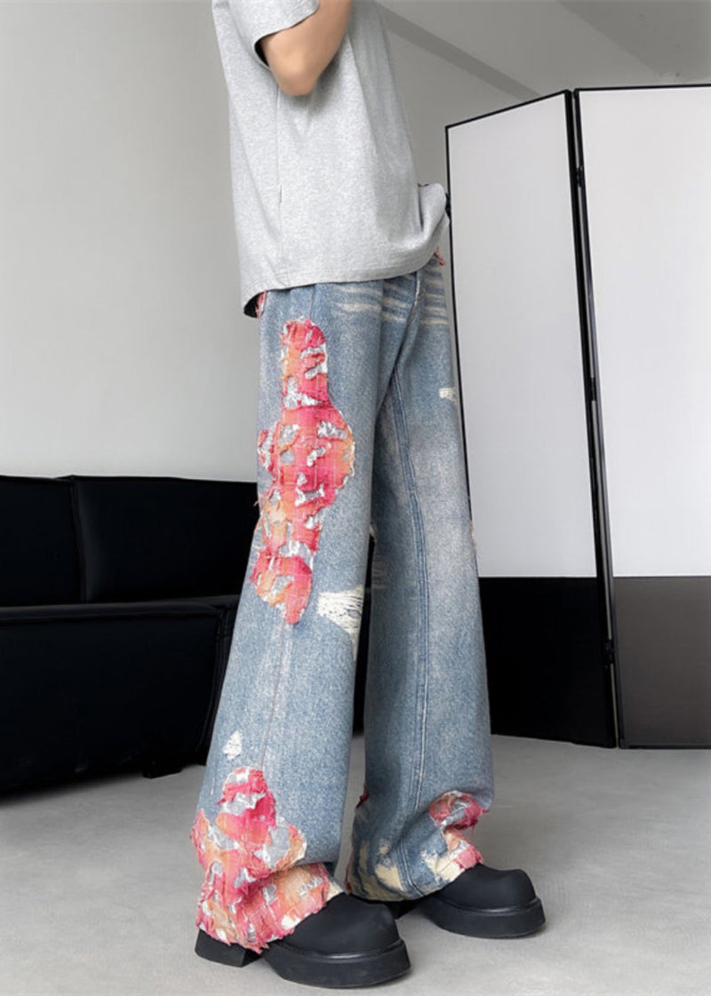 New Blue Pockets Lace Patchwork Denim Pants Fall