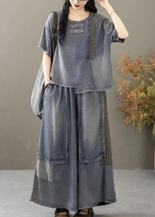 New Blue Pockets T Shirt and Wide Leg Pants Denim Two Pieces Set Summer