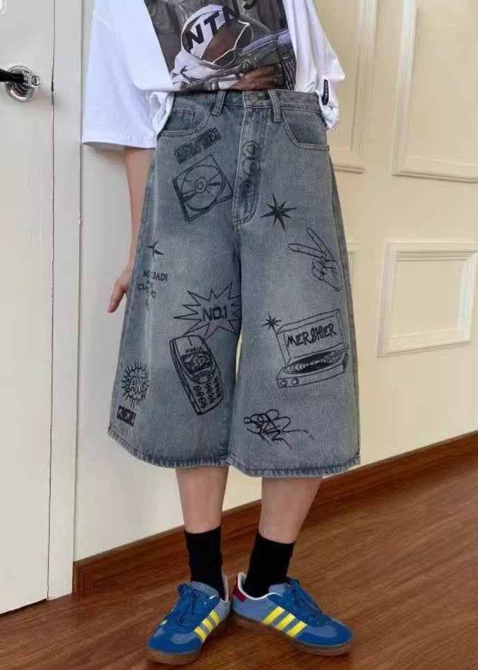 New Blue Print High Waist Denim Crop Pants Summer