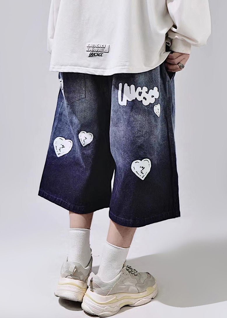 New Blue Print Lace Up Elastic Waist Shorts Summer