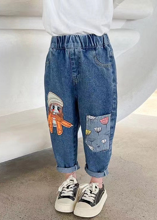 New Blue Print Pockets Elastic Waist Denim Crop Pants Spring